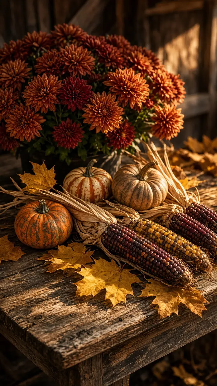 Orange mums, pumpkins and Indian corn on a weathered wooden table