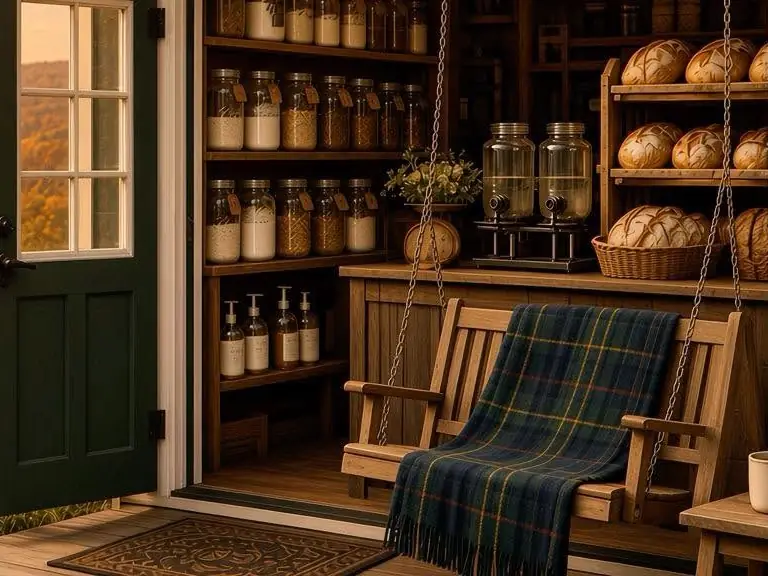 A cozy fall preserve shed with green doors, shelves of jars and bread, and a porch swing draped in a green tartan blanket, overlooking autumn hills