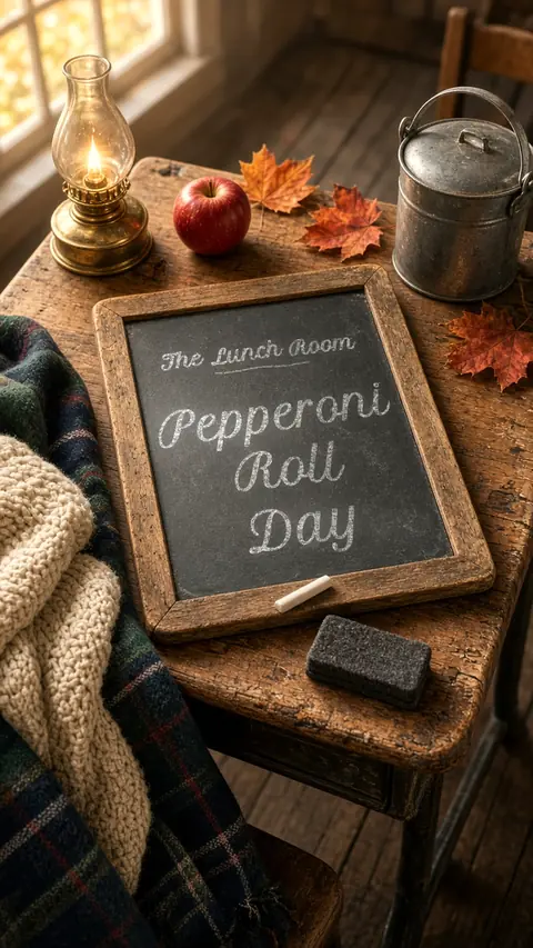 A chalk slate reading Pepperoni Roll Day on a rustic desk with an oil lamp and fall leaves