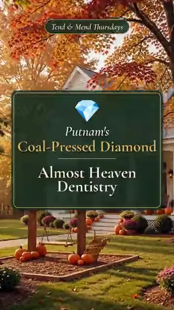 Tend and Mend Thursdays sign: Putnam's Coal-Pressed Diamond, in front of a white farmhouse with fall trees